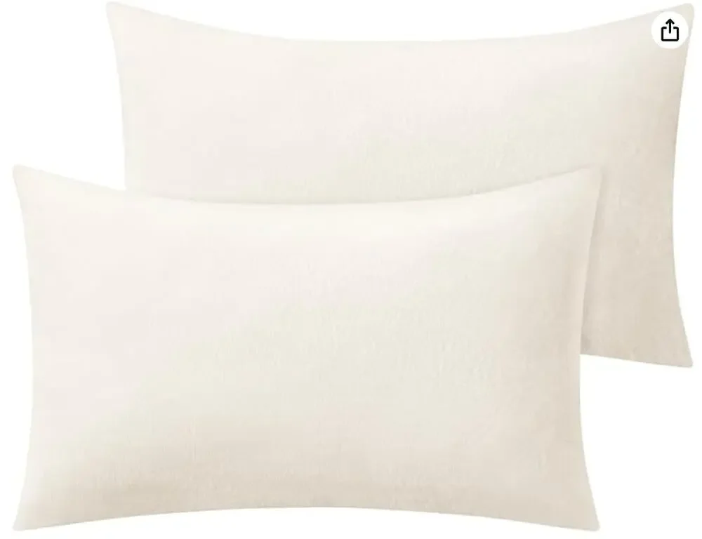 Flannel Pillow Cases Queen Size Set of 2, Super Soft Fleece w/ Zipper- Off White